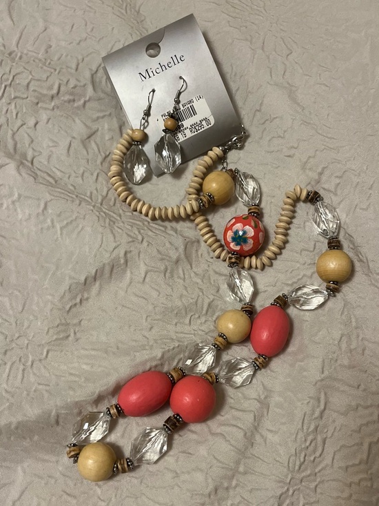 Michele Jewelry - Michele Coral and Natural Wooden Bead Necklace with Clear Accents